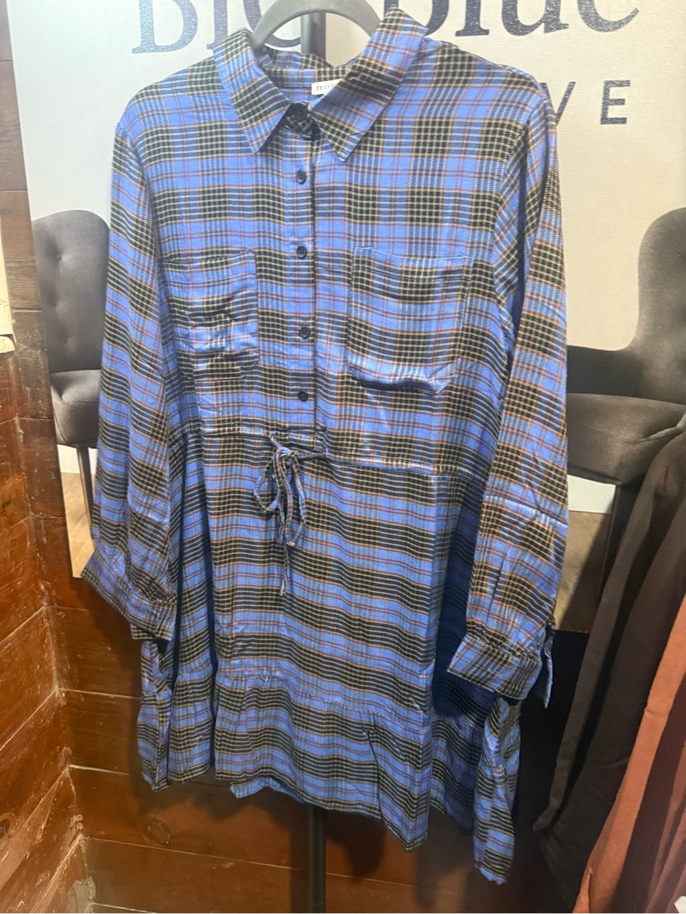 En Creme Blue and Black Plaid Long Sleeve Shirt Dress